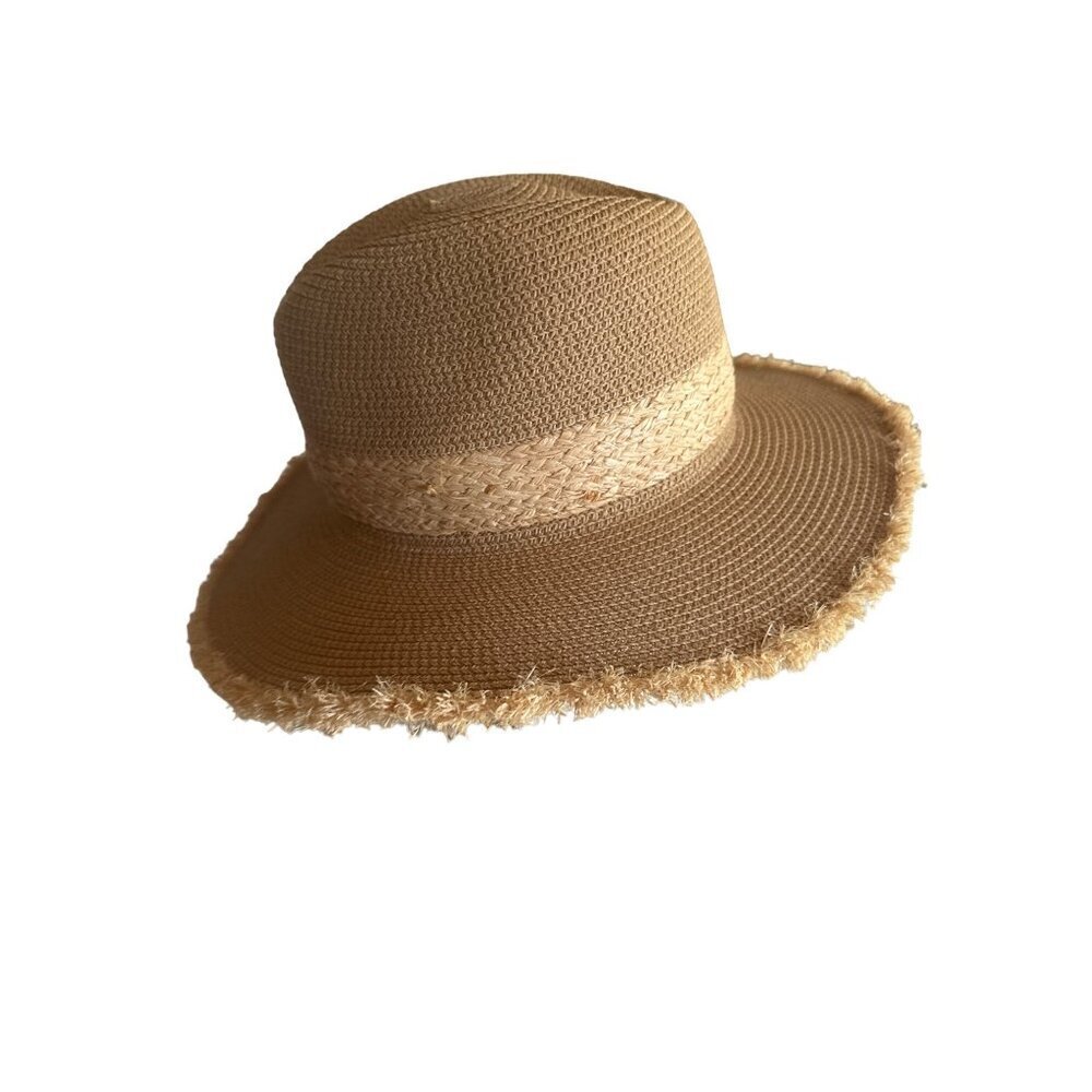 Beige Woven Braided Raffia Sun Hat‎ Fringe Edge One Size Adjustable